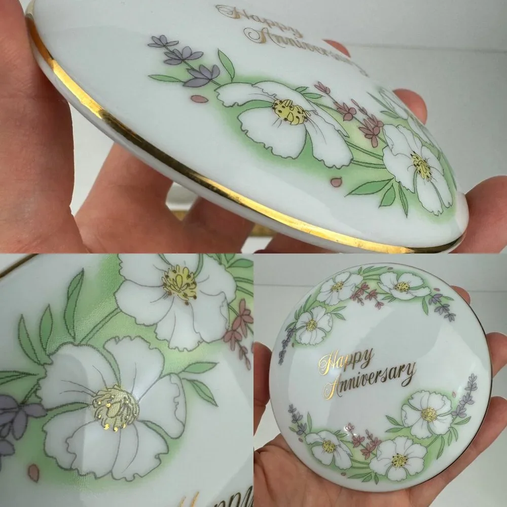 Vtg Simson Corp Round Happy Anniversary Gold‎ Accents Floral Trinket Dish Japan